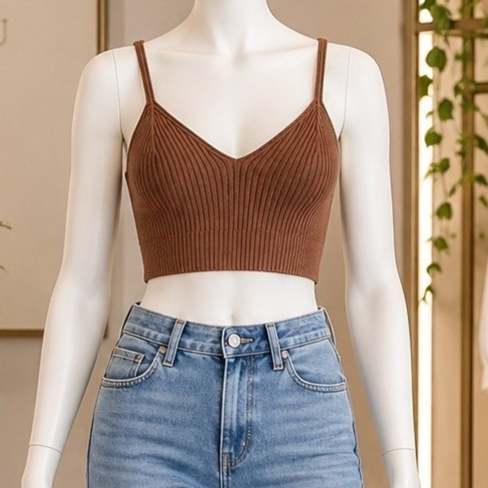 Brown Ribbed Crop Cami V Neck Spaghetti Strap Chocolate Fall M/L